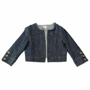 LOFT Blue Denim Cropped Jacket Sz 10P 3/4 Sleeve Spring Preppy Old Money Casual